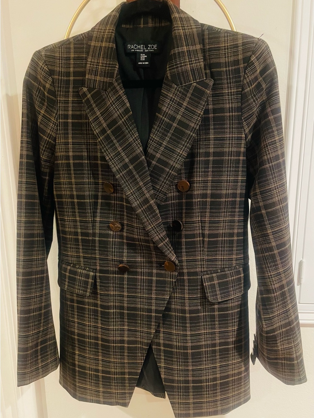 Rachel Zoe Black & Brown Plaid Double-Breasted Blazer